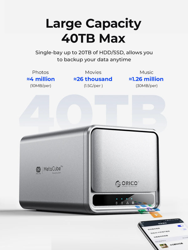 ORICO MetaCube Household Storage Type-C 3.5" HDD/SSD Dual-bay NAS with Automatic Backup Remote Access with Offline BT Download