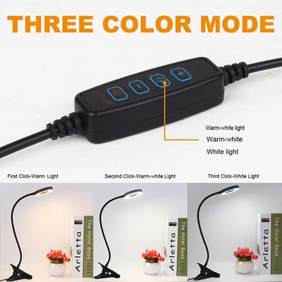 48 LEDs Desk Lamp Clip USB Book Light Bedside 360° Flexible Eye Protection Gooseneck Reading Light Brightness Adjustable 3 Leve